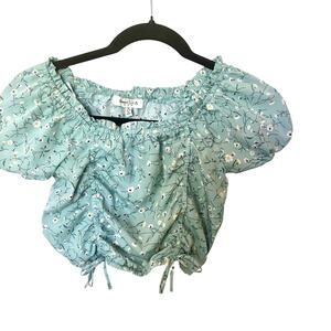 Seed Limit, floral puff blouse, mint green, Girls Small 7/8